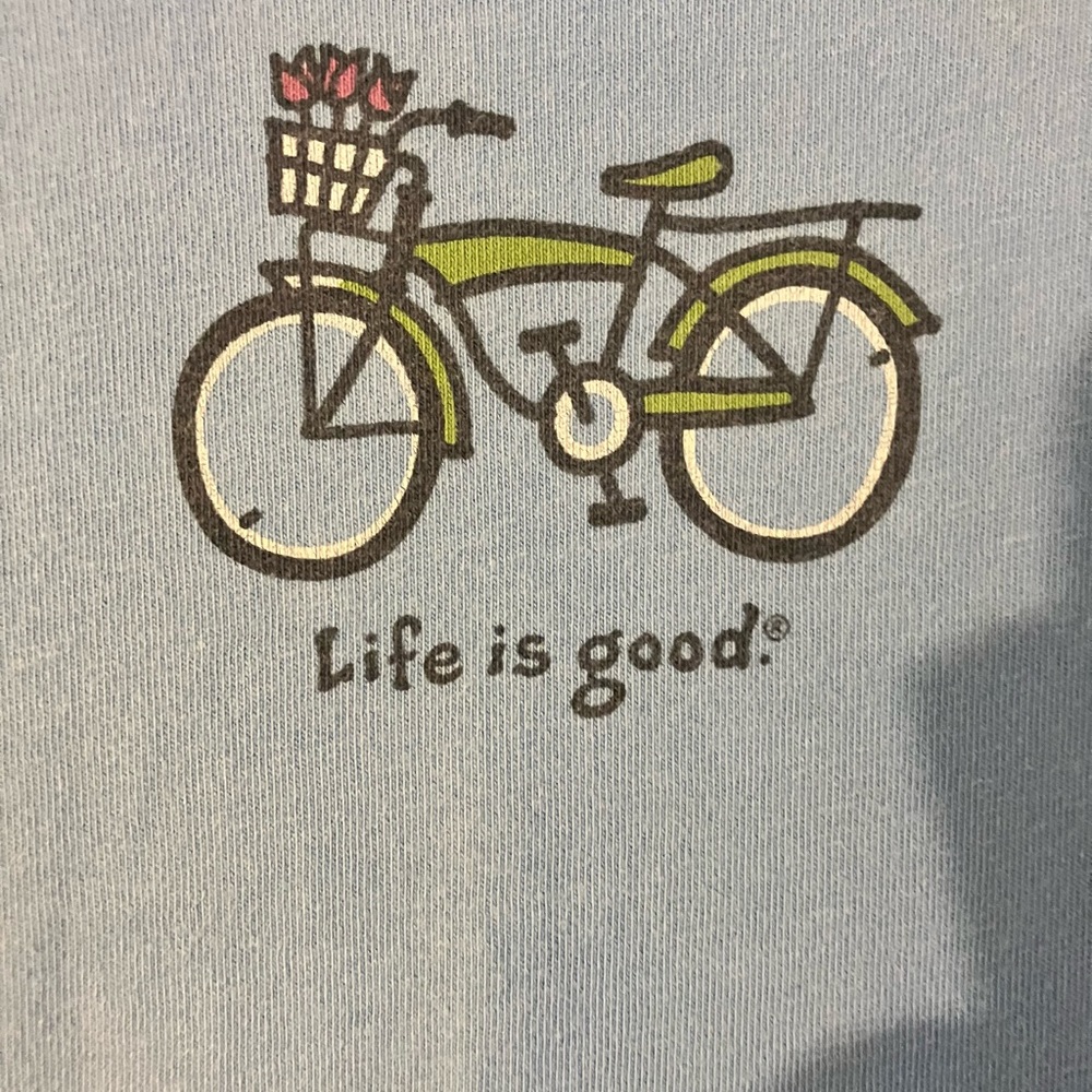 Life Is Good Light Blue Tee with Green Bicycle and Pink Flowers
